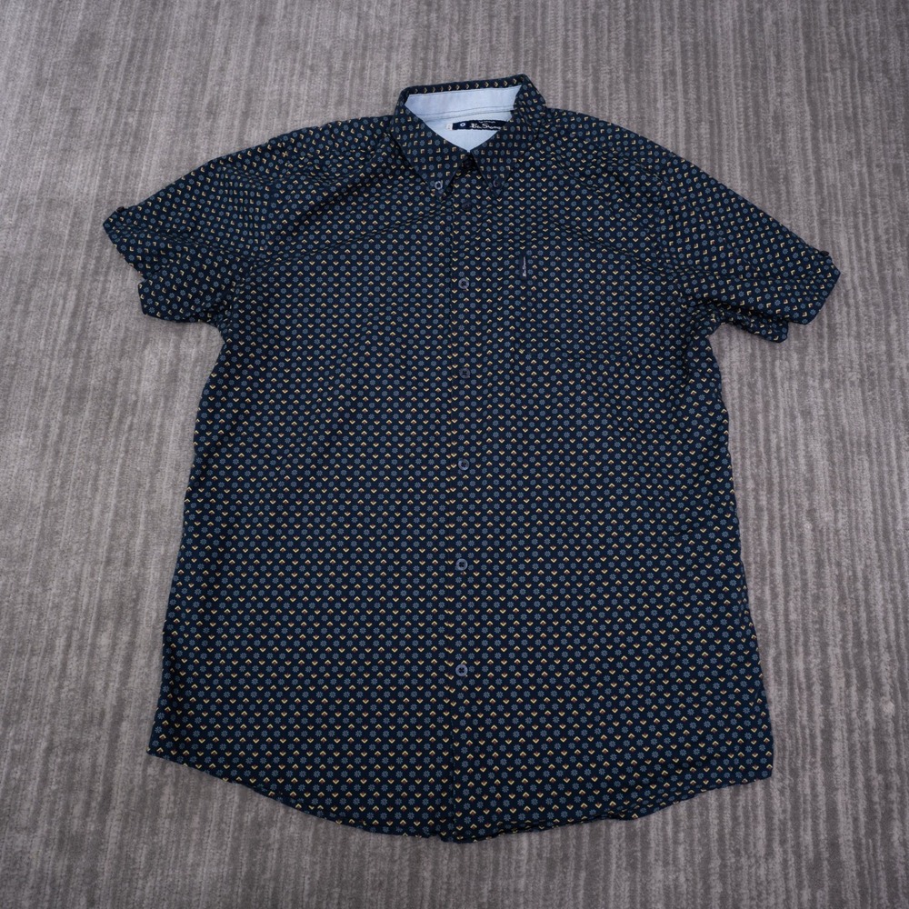 Ben Sherman Button Down Shirt Mens Large Blue Excellent Geometric Floral Cotton